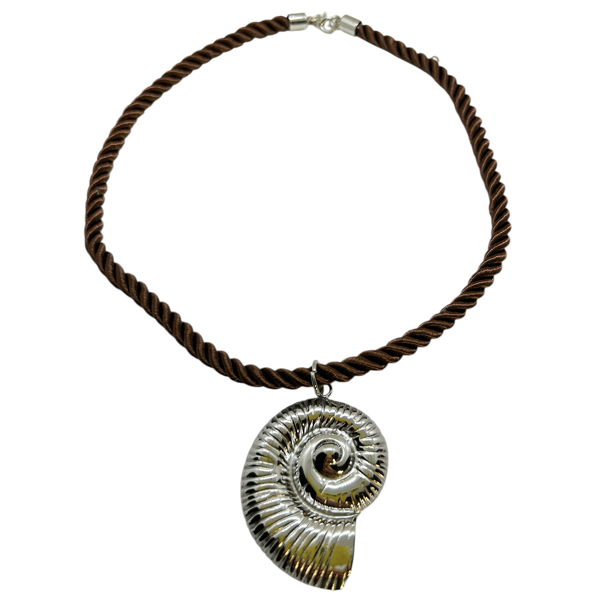 Necklace with brown twisted cord and steel shell.